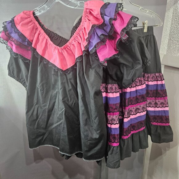 Prairie Shirt Skirt Set Medium Lace Trim Ruffle Tier Circle Dance Square Western - Picture 2 of 11